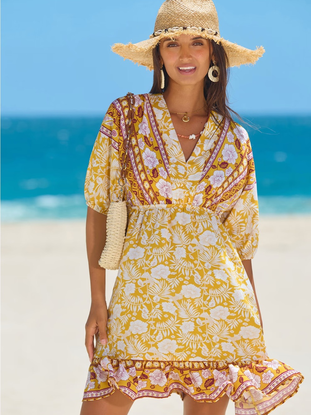 Cupshe Yellow Floral V-Neck Tie-Back Mini Dress large/xlarge